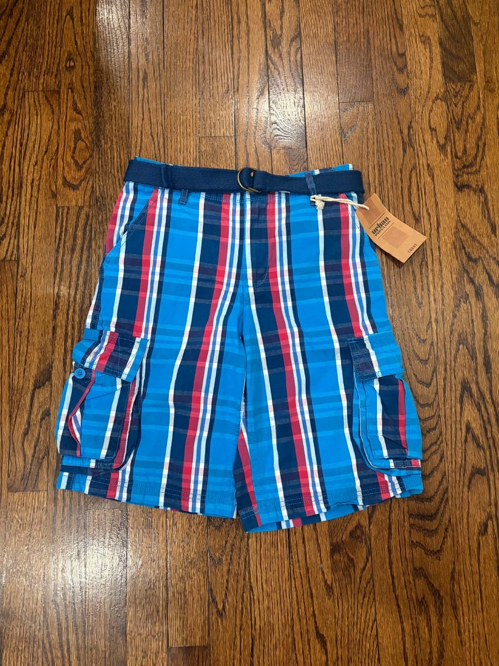 urban pipeline Blue Plaid Cargo Shorts with Belt